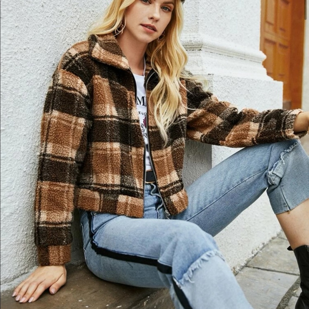 SHEIN - size small - plaid drop shoulder teddy jacket